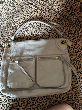 Fossil Light Gray Leather Shoulder Bag with Gold Hardware